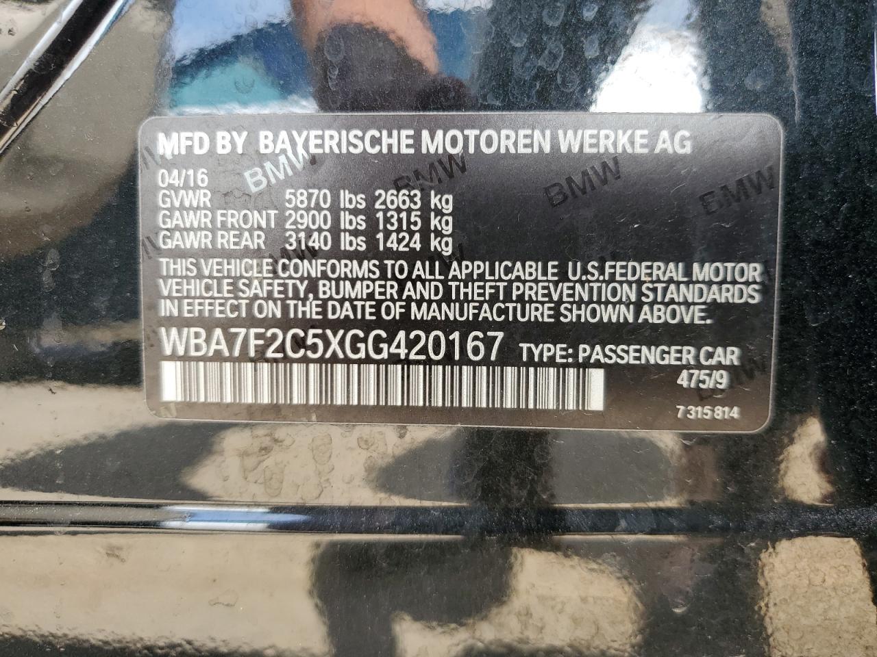 WBA7F2C5XGG420167 2016 BMW 750 Xi