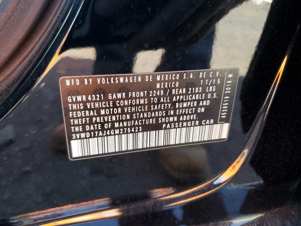 2016 Volkswagen Jetta Sport VIN: 3VWD17AJ4GM275423 Lot: 60197334