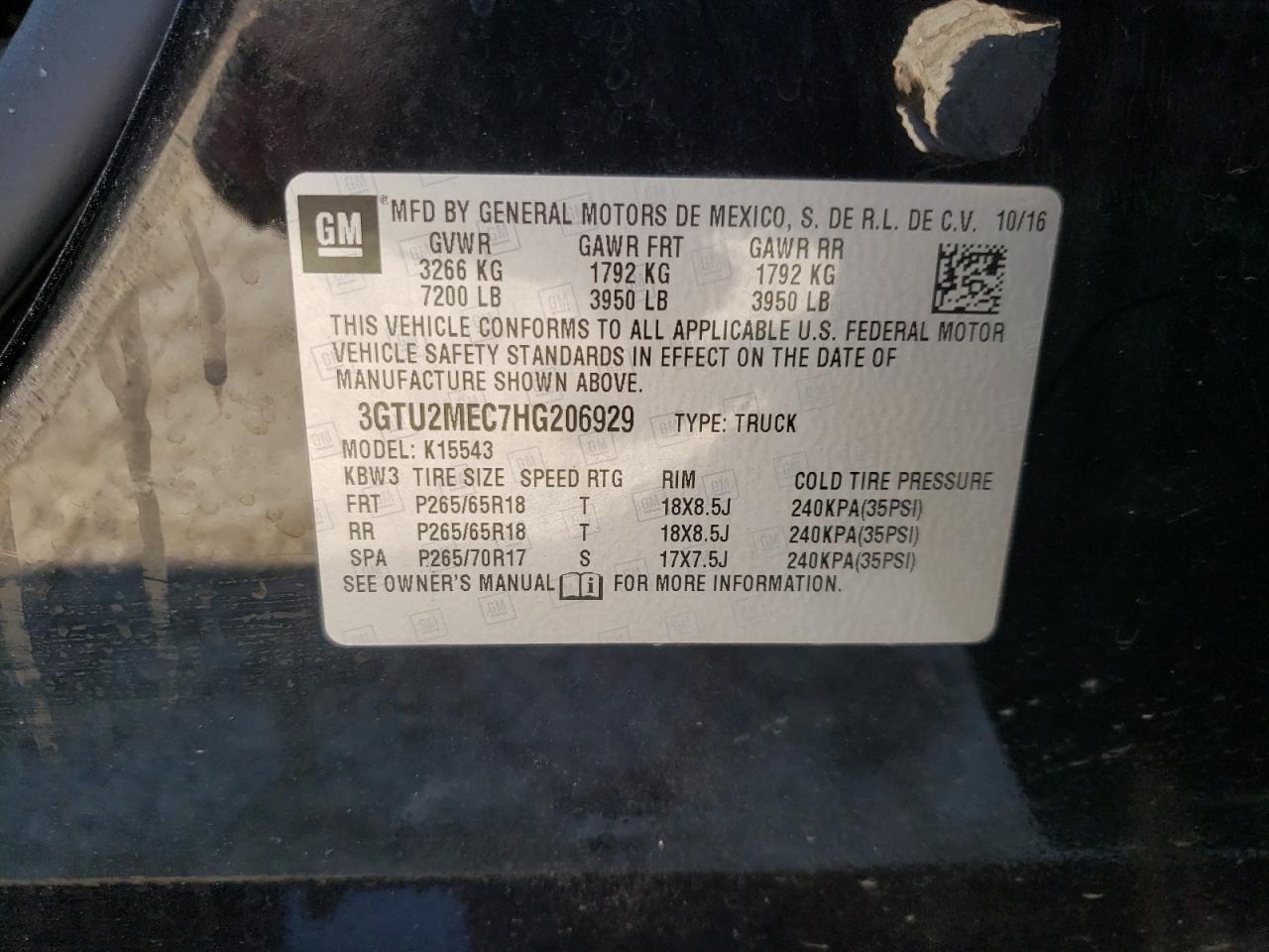 2017 GMC Sierra K1500 Sle VIN: 3GTU2MEC7HG206929 Lot: 60963844