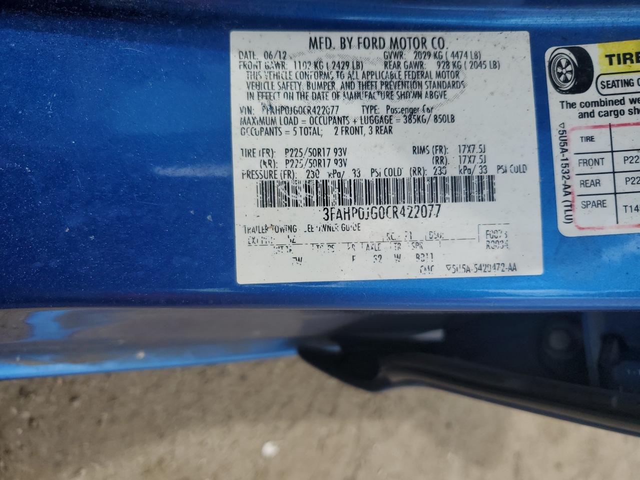 2012 Ford Fusion Sel VIN: 3FAHP0JG0CR422077 Lot: 59409844