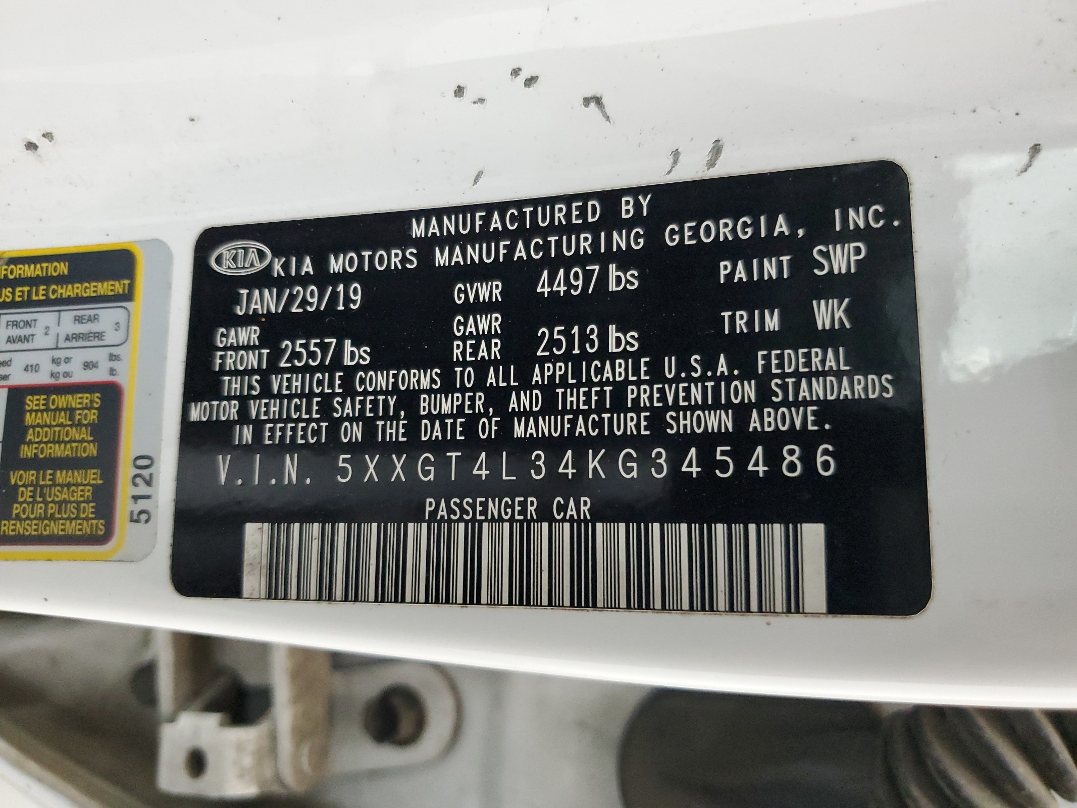 5XXGT4L34KG345486 2019 Kia Optima Lx