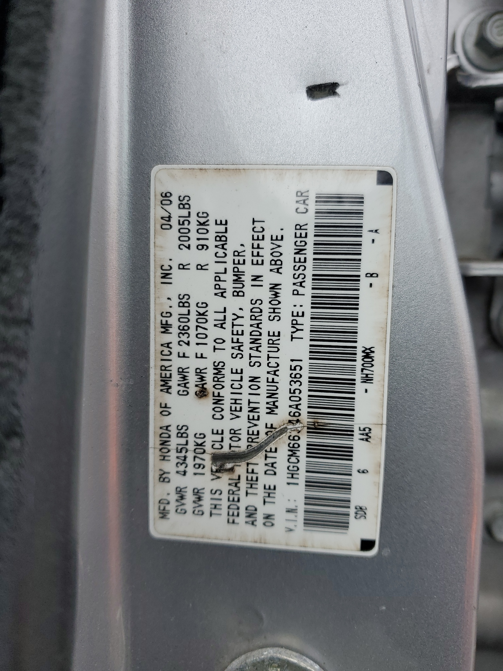 1HGCM66346A053651 2006 Honda Accord Lx