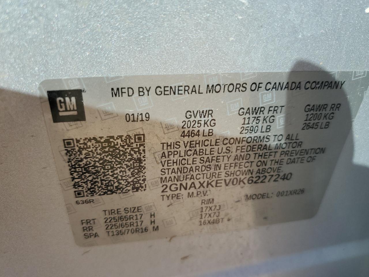 2GNAXKEV0K6227240 2019 Chevrolet Equinox Lt