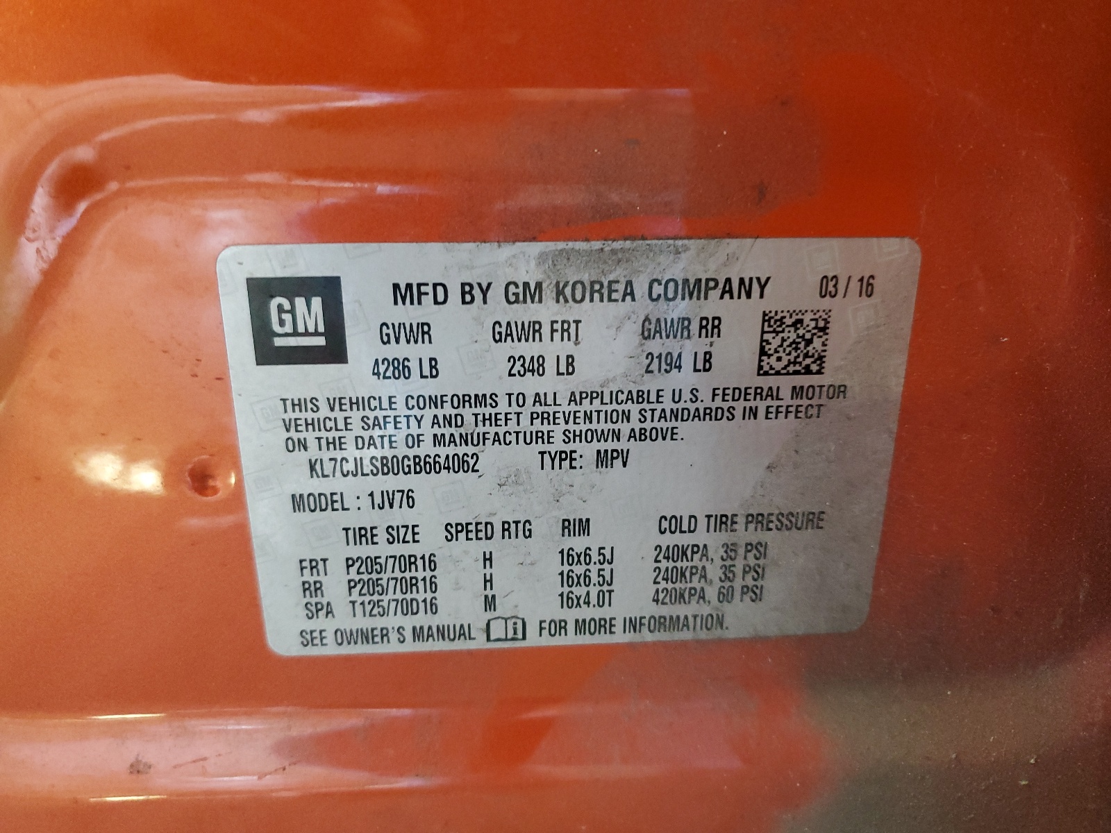 KL7CJLSB0GB664062 2016 Chevrolet Trax 1Lt