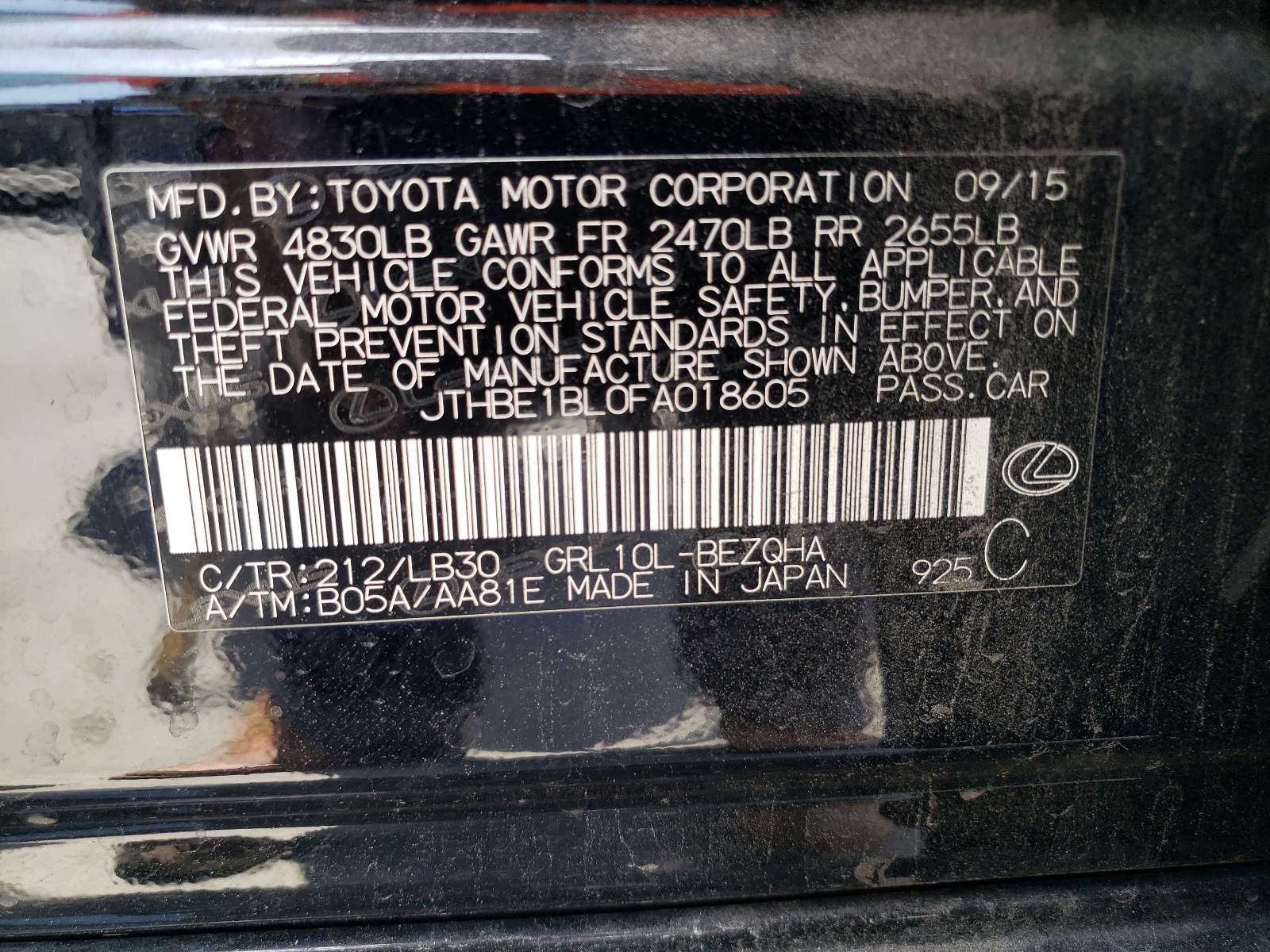 JTHBE1BL0FA018605 2015 Lexus Gs 350