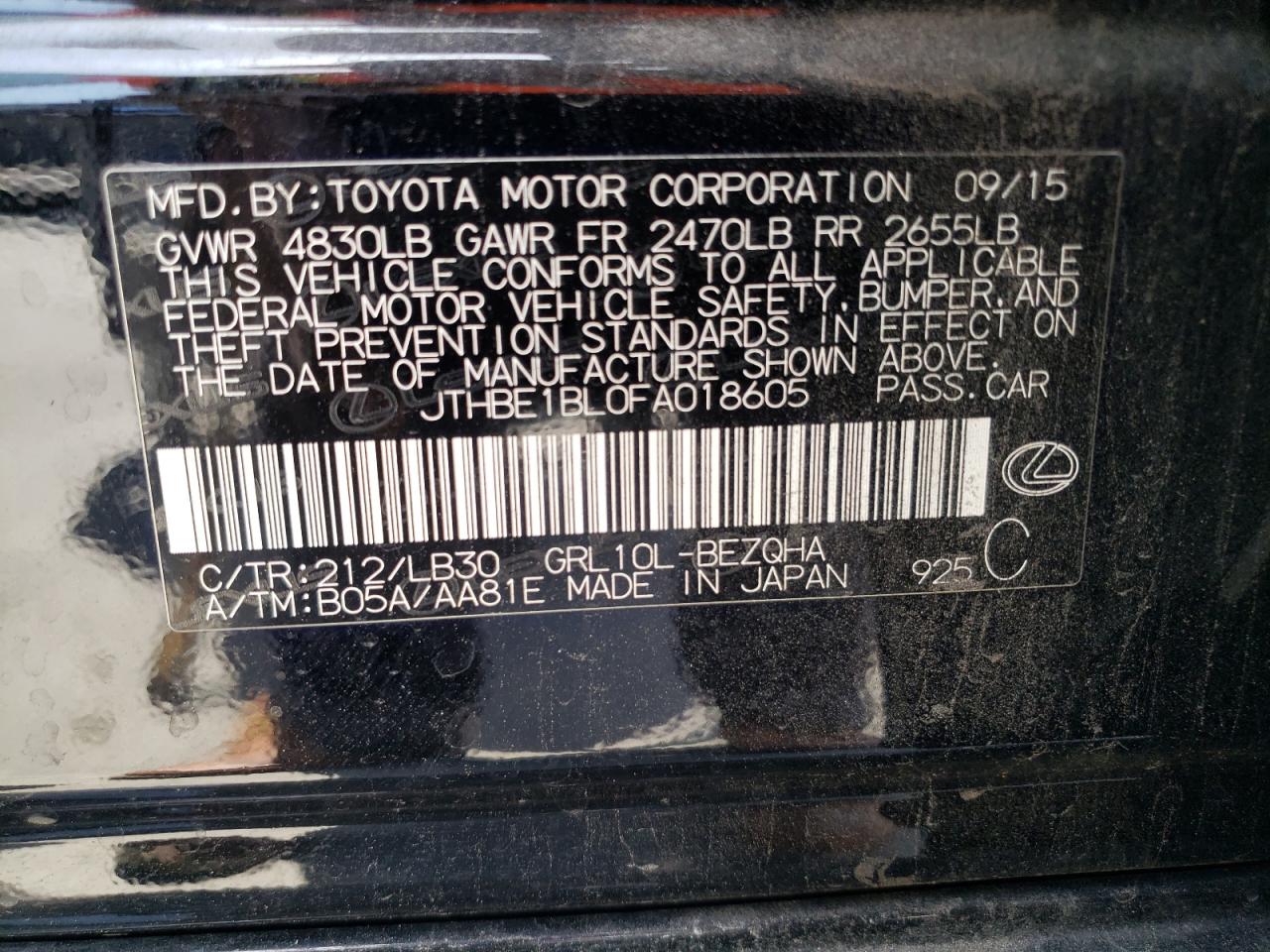 2015 Lexus Gs 350 VIN: JTHBE1BL0FA018605 Lot: 58733894