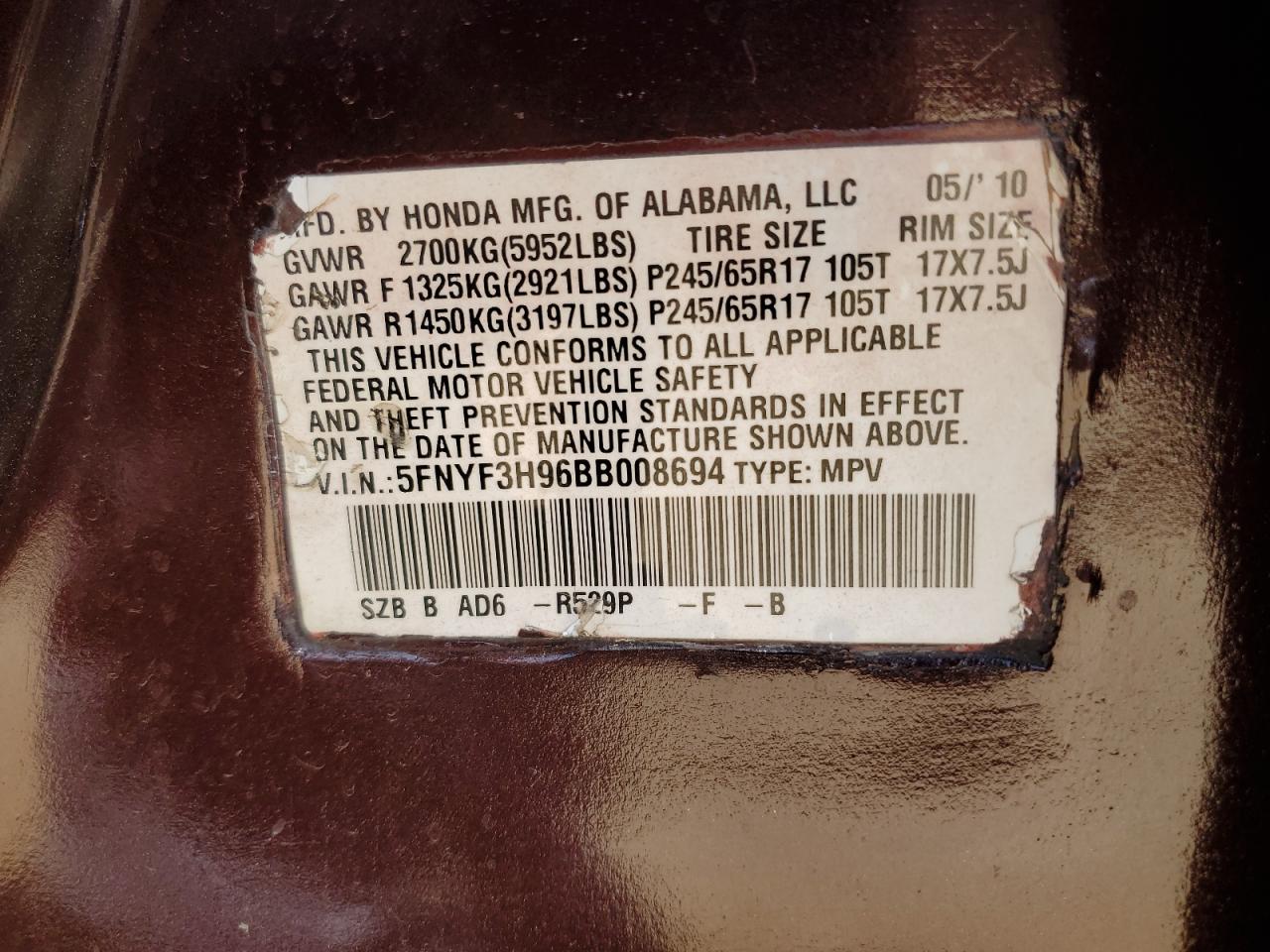 2011 Honda Pilot Touring VIN: 5FNYF3H96BB008694 Lot: 58863294