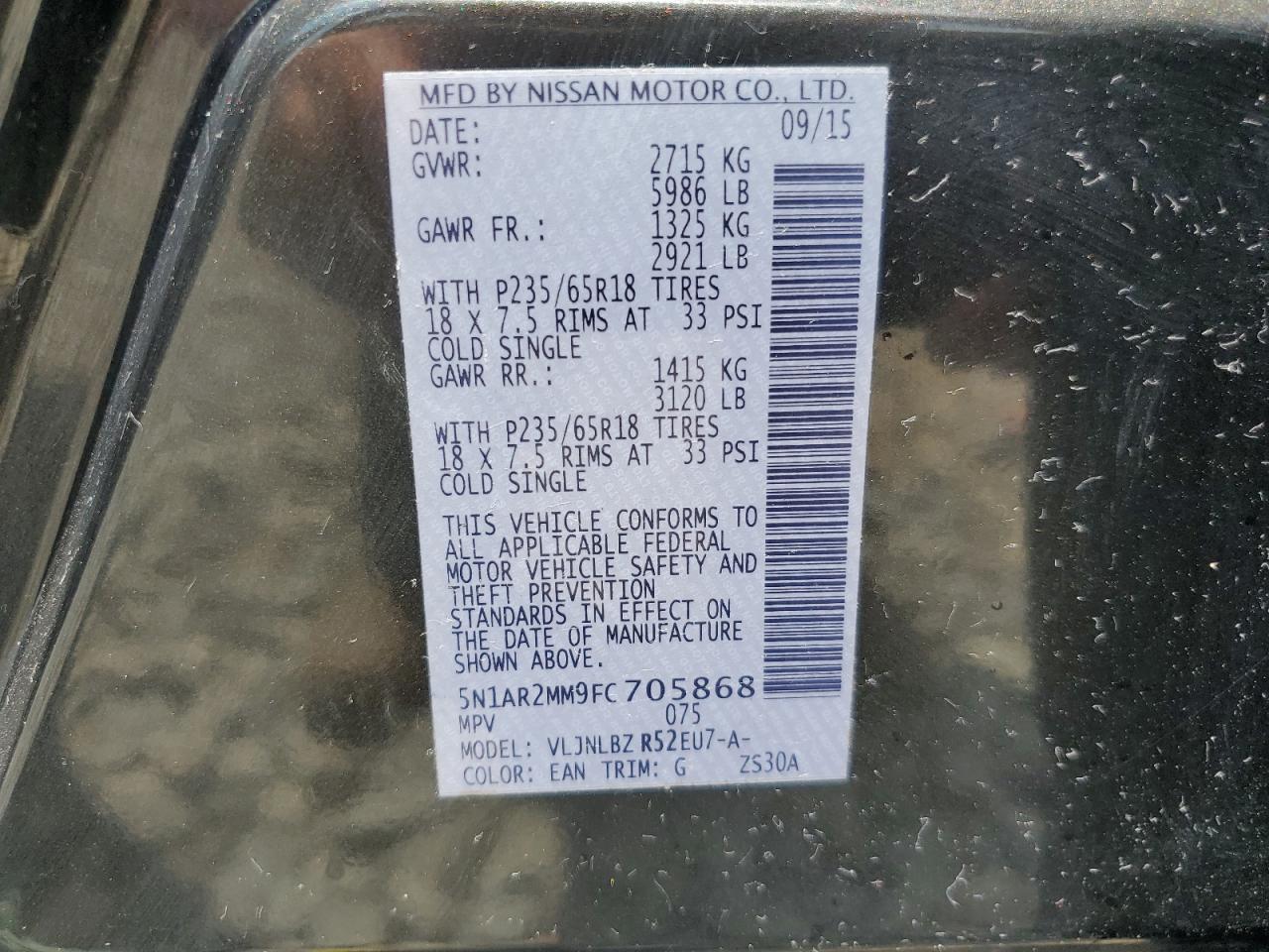 2015 Nissan Pathfinder S VIN: 5N1AR2MM9FC705868 Lot: 57876764