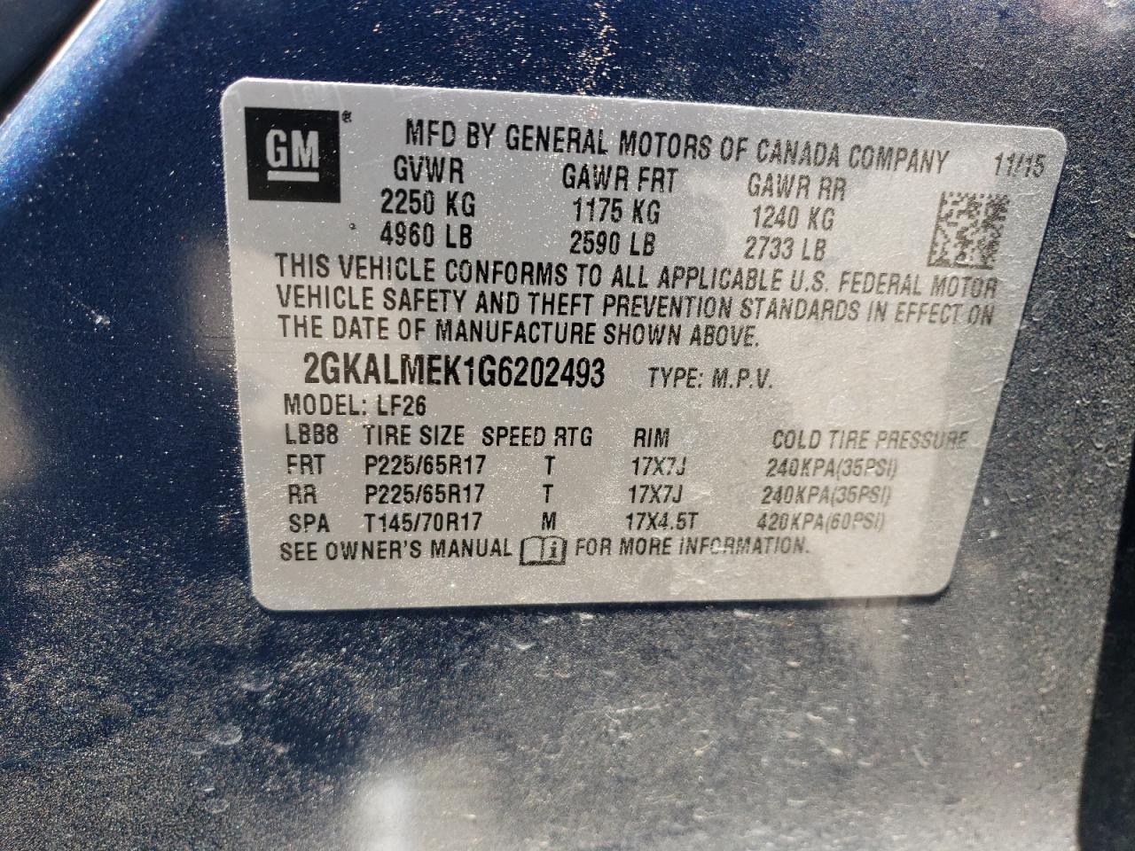 2016 GMC Terrain Sle VIN: 2GKALMEK1G6202493 Lot: 56853814