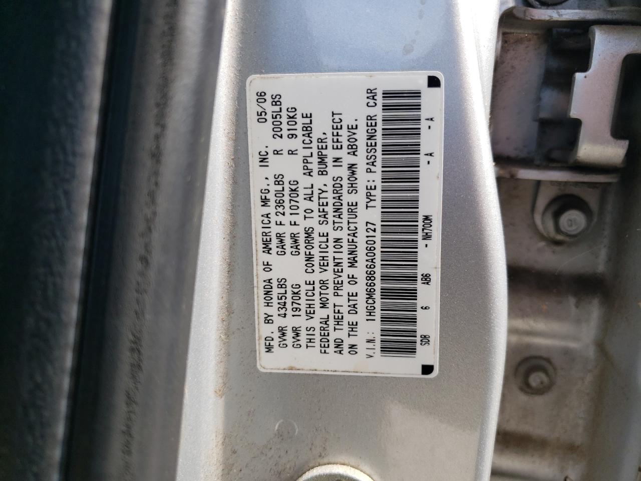 2006 Honda Accord Ex VIN: 1HGCM66866A060127 Lot: 58726484