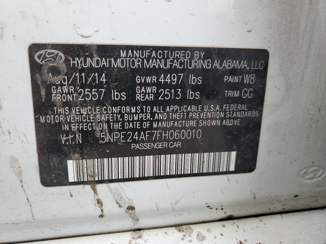 2015 Hyundai Sonata Se VIN: 5NPE24AF7FH060010 Lot: 59894424