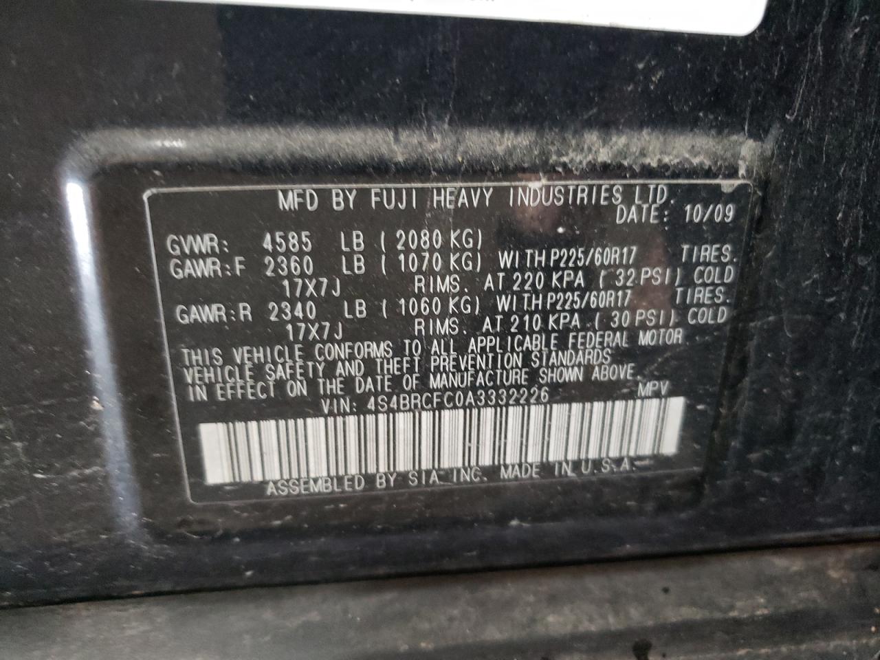 2010 Subaru Outback 2.5I Premium VIN: 4S4BRCFC0A3332226 Lot: 59298924