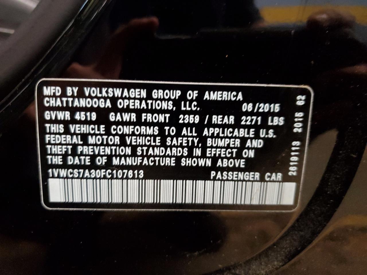 1VWCS7A30FC107613 2015 Volkswagen Passat Sel