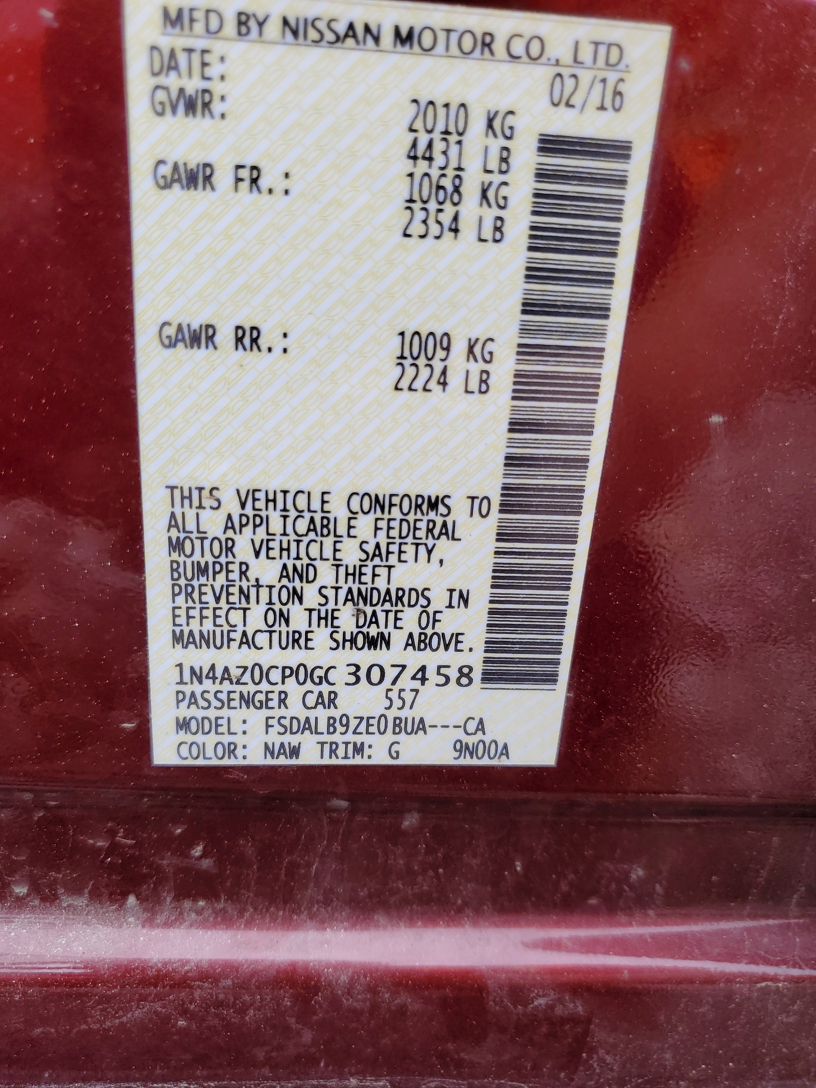 1N4AZ0CP0GC307458 2016 Nissan Leaf S