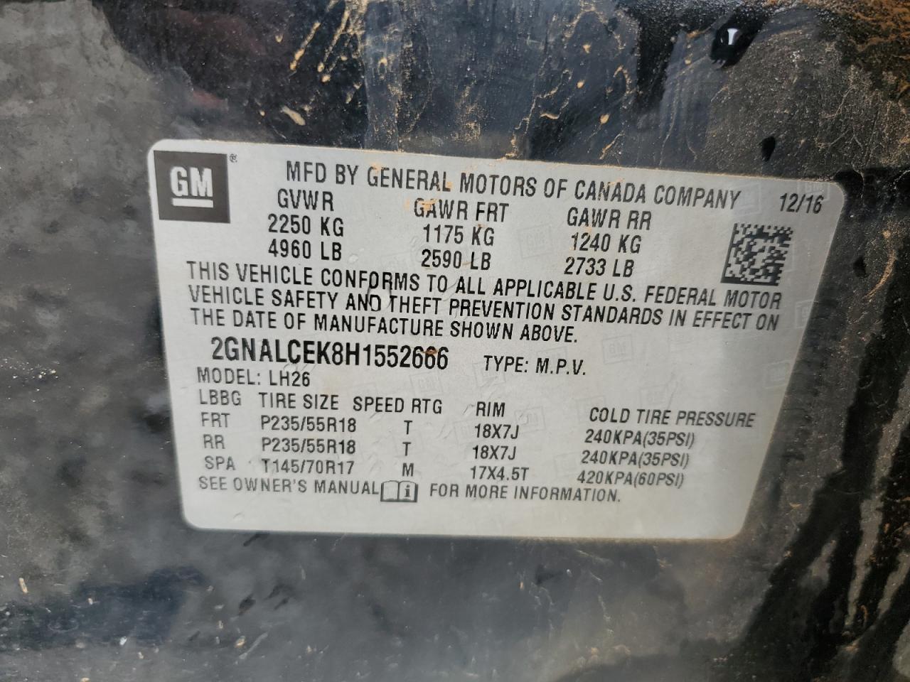 2017 Chevrolet Equinox Lt VIN: 2GNALCEK8H1552666 Lot: 59647414