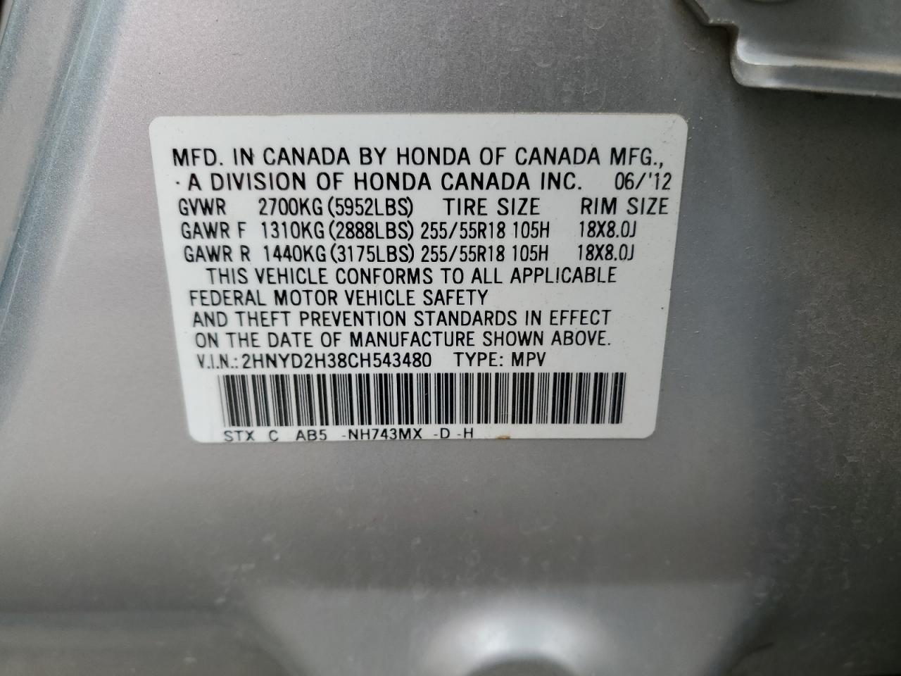 2012 Acura Mdx Technology VIN: 2HNYD2H38CH543480 Lot: 58976184