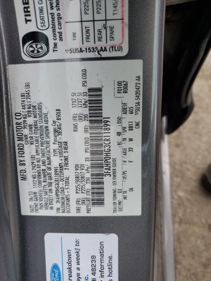 2012 Ford Fusion Se VIN: 3FAHP0HG3CR118991 Lot: 59705144