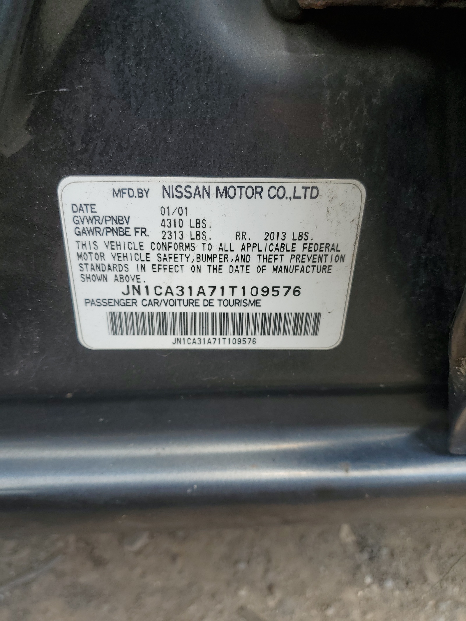 JN1CA31A71T109576 2001 Nissan Maxima Gxe