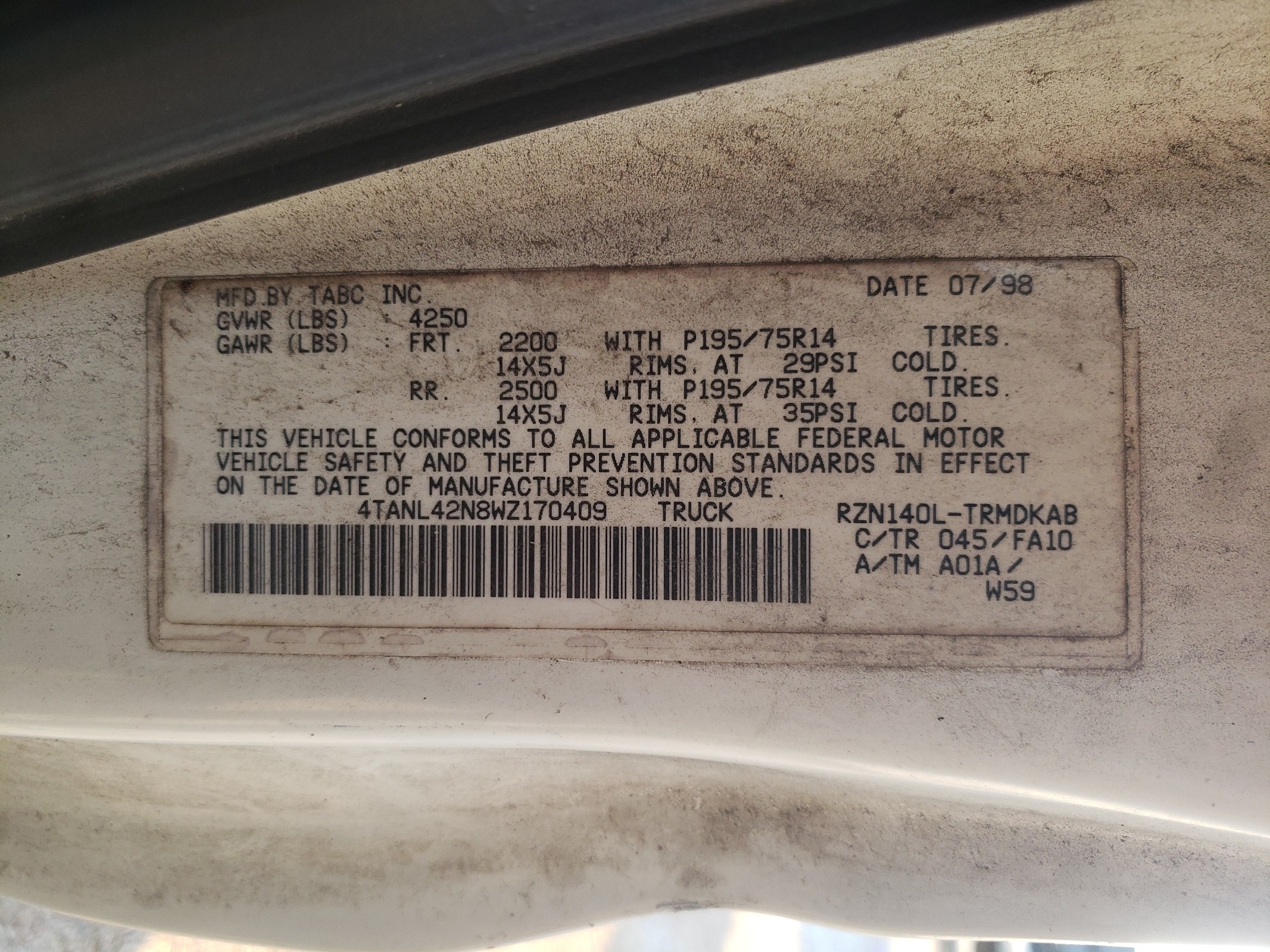 4TANL42N8WZ170409 1998 Toyota Tacoma