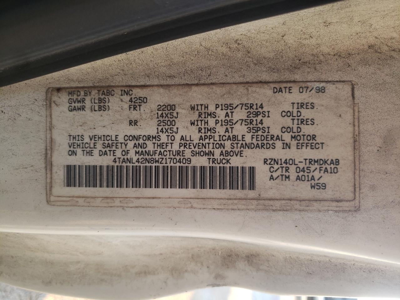 1998 Toyota Tacoma VIN: 4TANL42N8WZ170409 Lot: 58088804