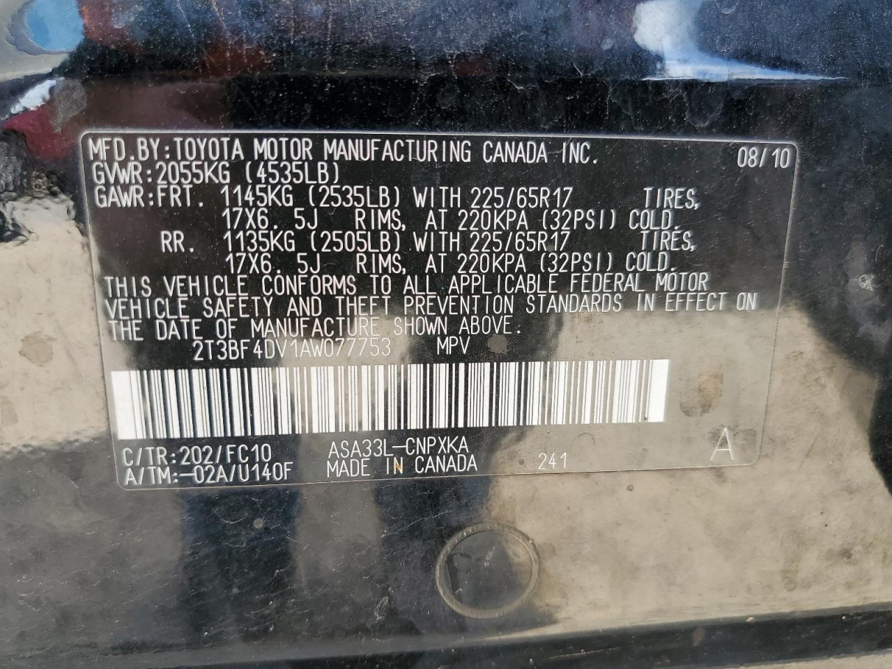 2010 Toyota Rav4 VIN: 2T3BF4DV1AW077753 Lot: 61086534