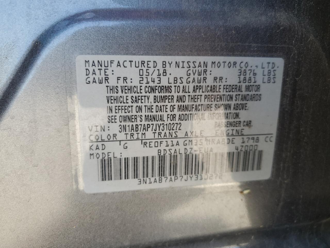 3N1AB7AP7JY310272 2018 Nissan Sentra S