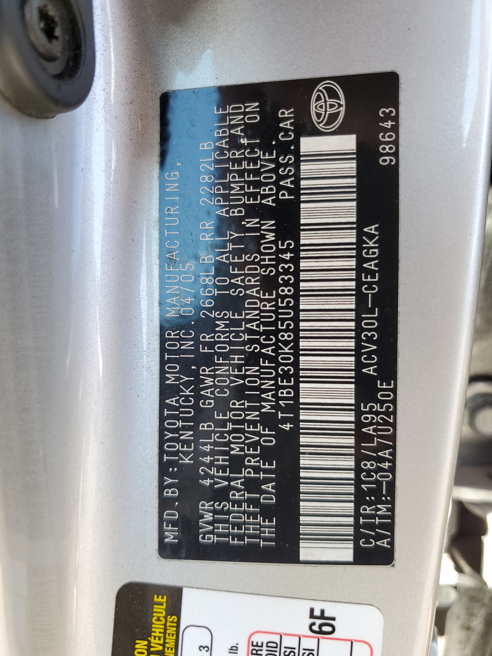 4T1BE30K85U583345 2005 Toyota Camry Le