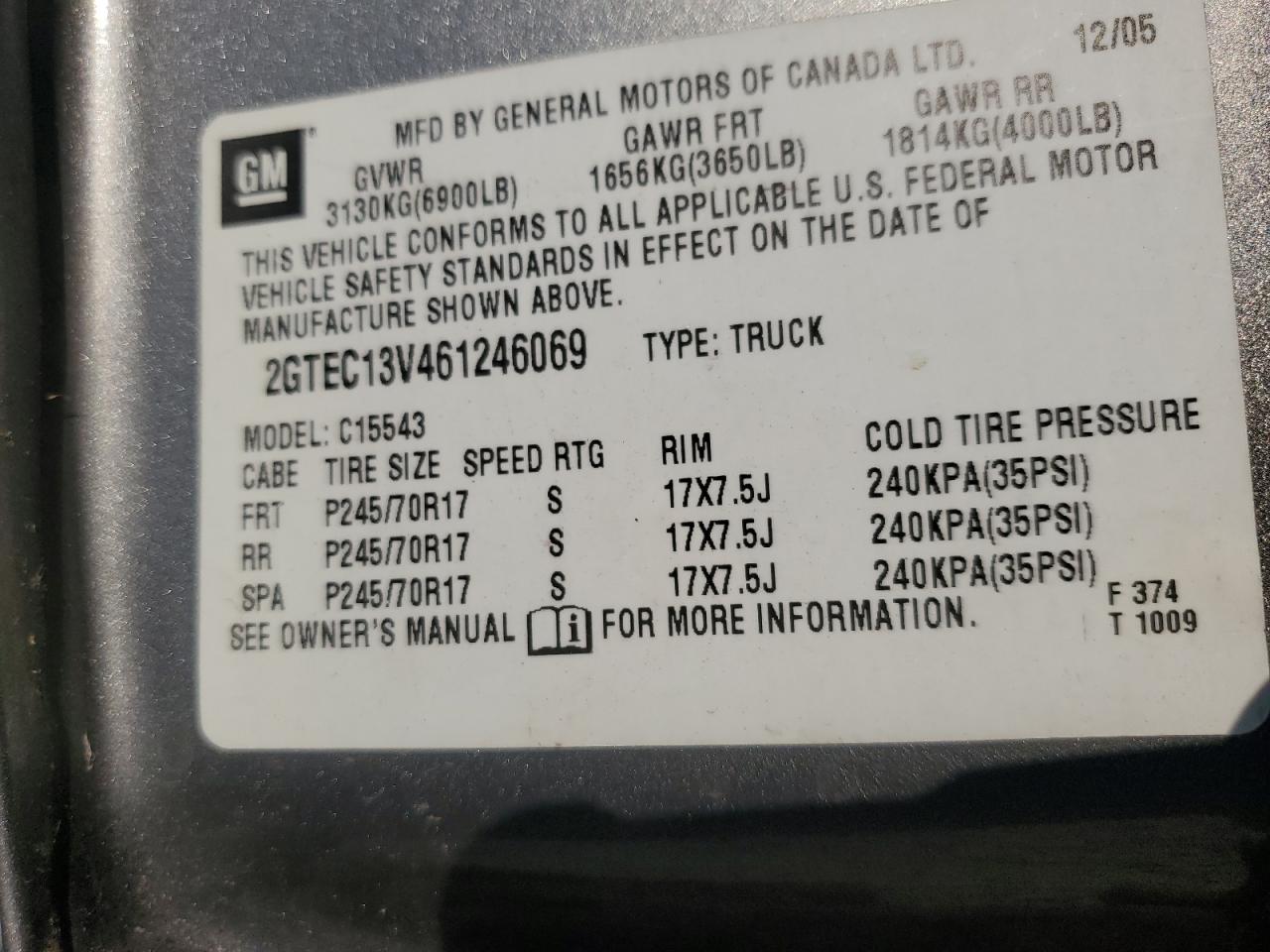 2GTEC13V461246069 2006 GMC New Sierra C1500