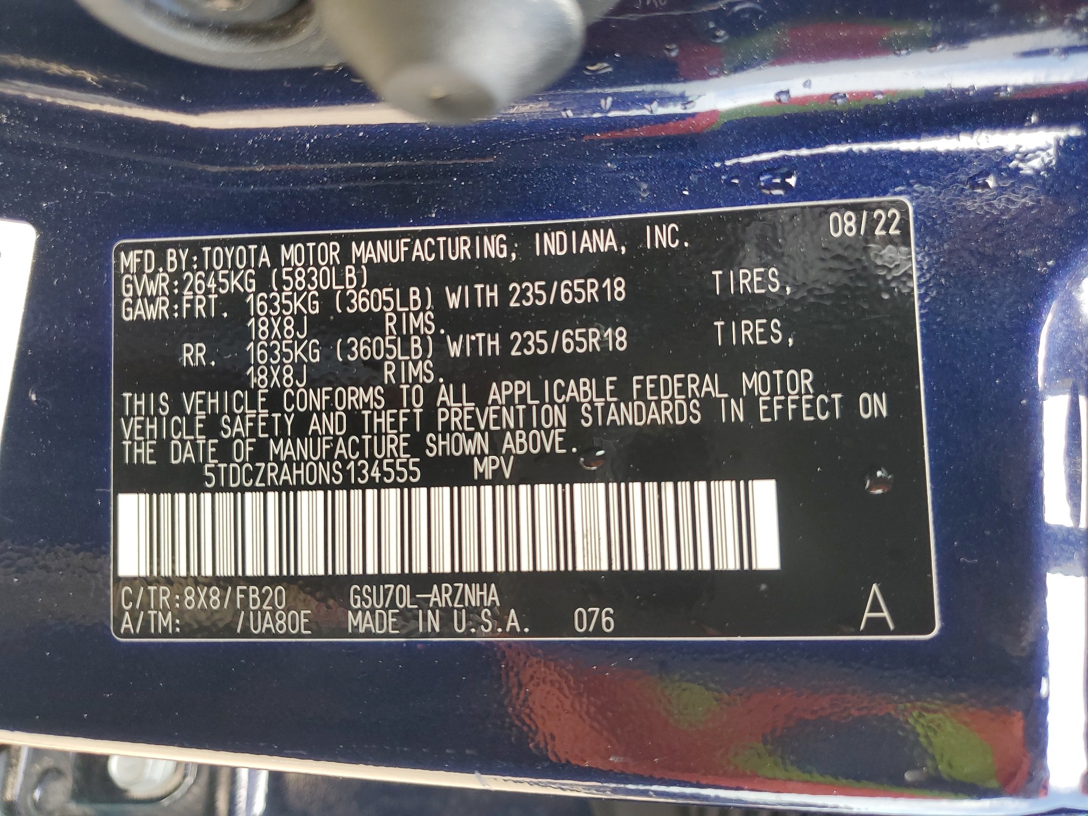 5TDCZRAH0NS134555 2022 Toyota Highlander L