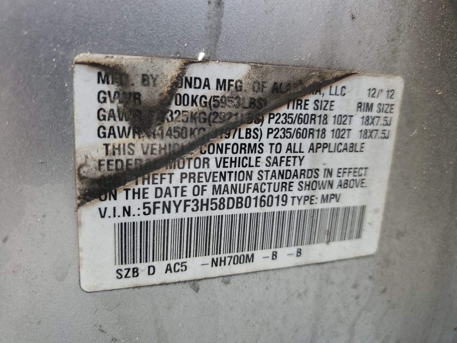 5FNYF3H58DB016019 2013 Honda Pilot Exl