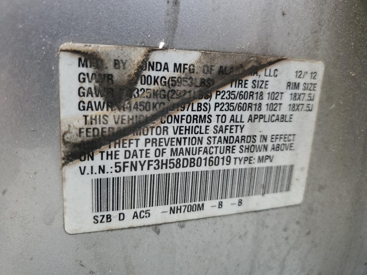 2013 Honda Pilot Exl VIN: 5FNYF3H58DB016019 Lot: 59243154