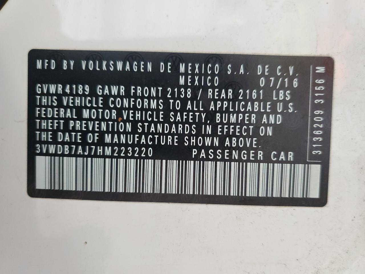 2017 Volkswagen Jetta Se VIN: 3VWDB7AJ7HM223220 Lot: 58174484