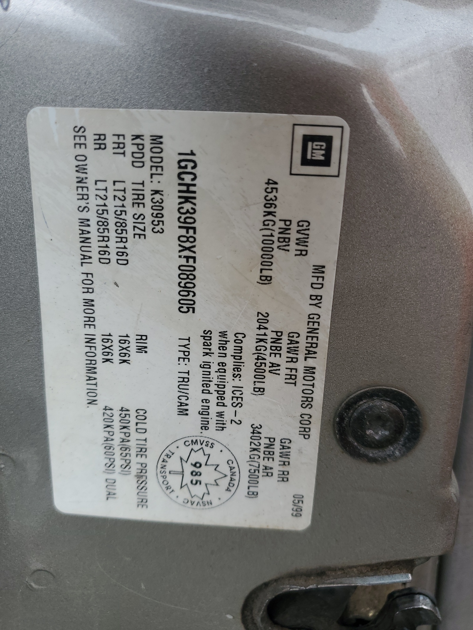 1GCHK39F8XF089605 1999 Chevrolet Gmt-400 K3500