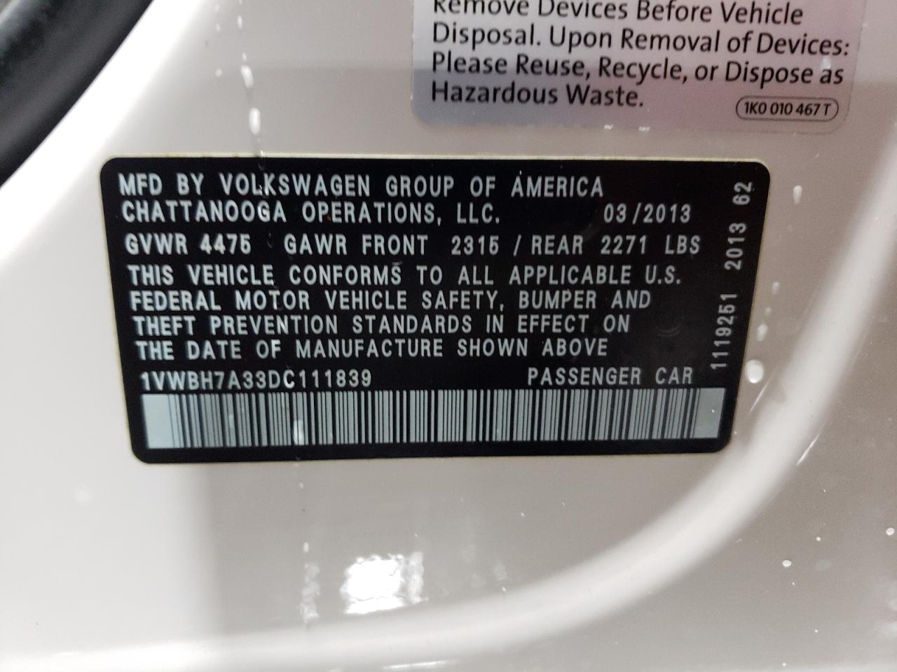 2013 Volkswagen Passat Se VIN: 1VWBH7A33DC111839 Lot: 57472494