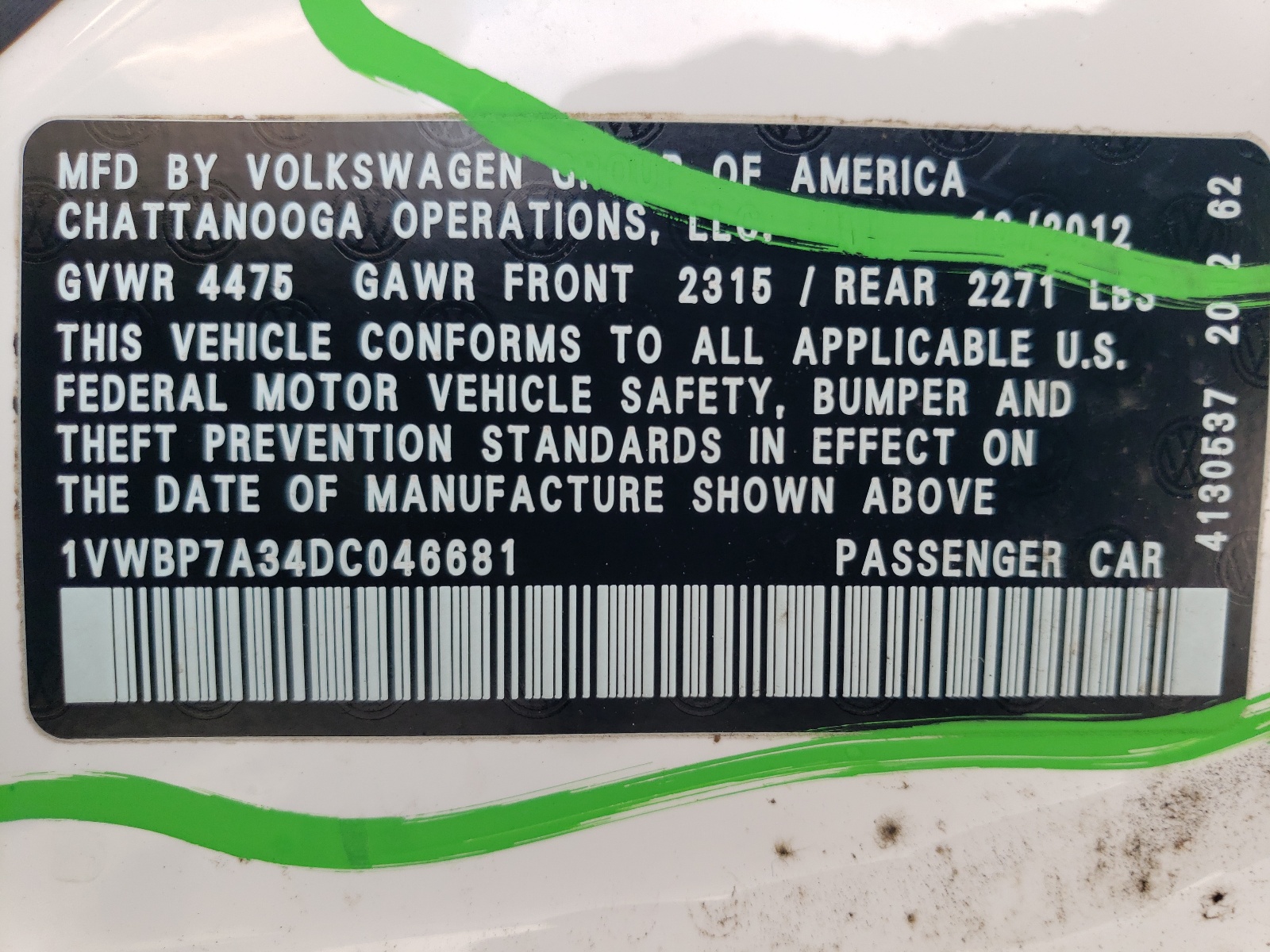 1VWBP7A34DC046681 2013 Volkswagen Passat Se
