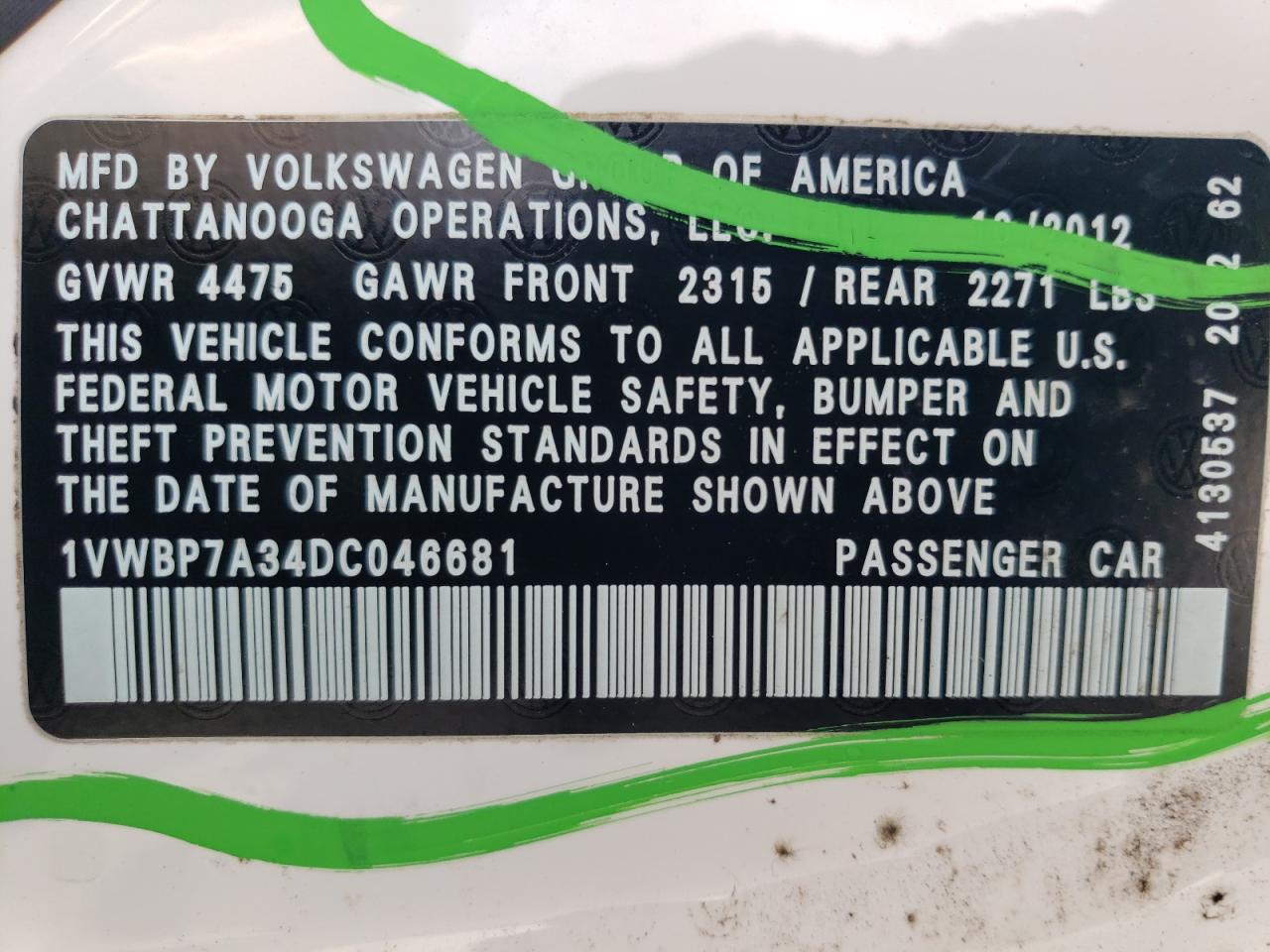 2013 Volkswagen Passat Se VIN: 1VWBP7A34DC046681 Lot: 60903084