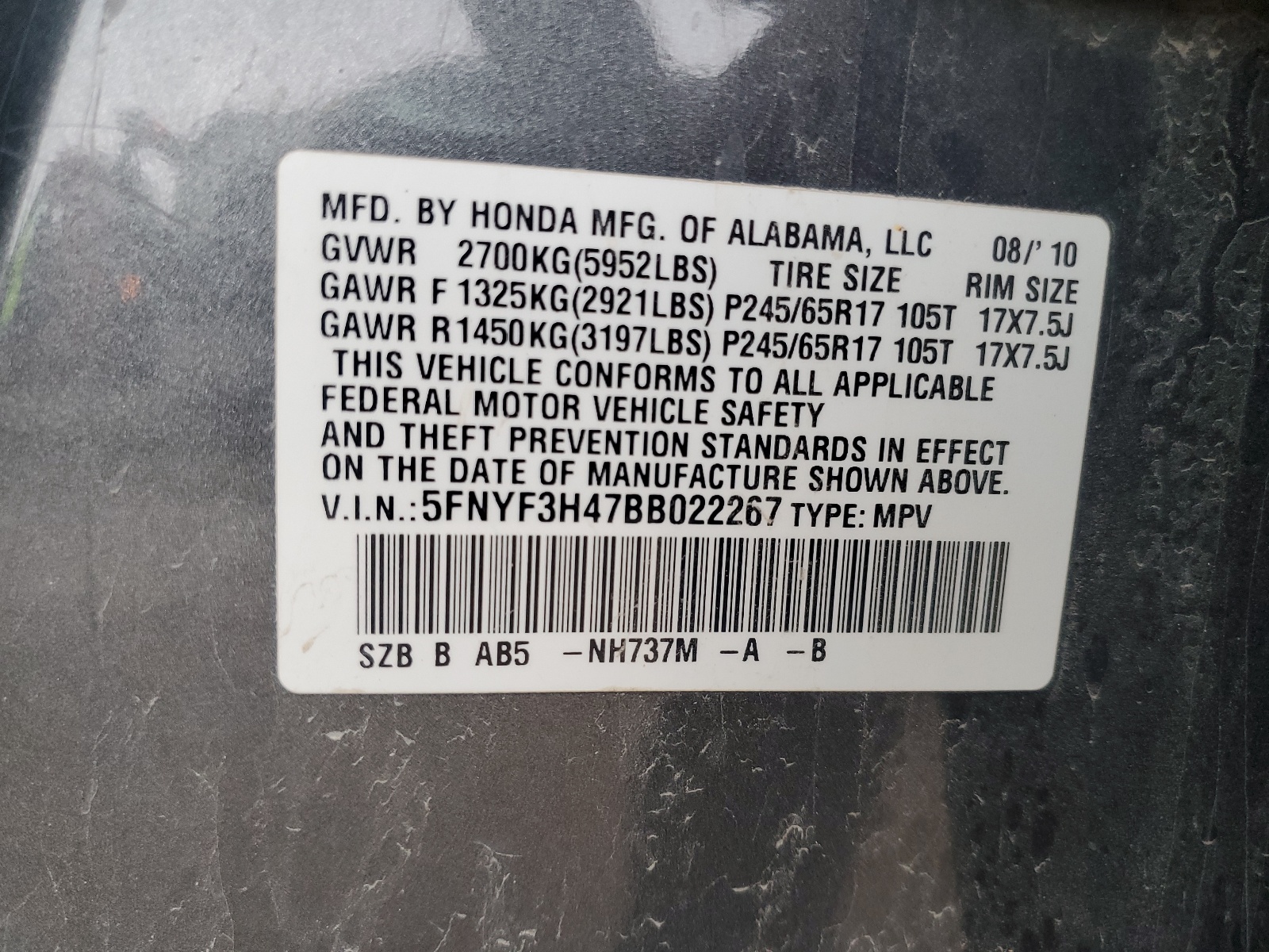 5FNYF3H47BB022267 2011 Honda Pilot Ex