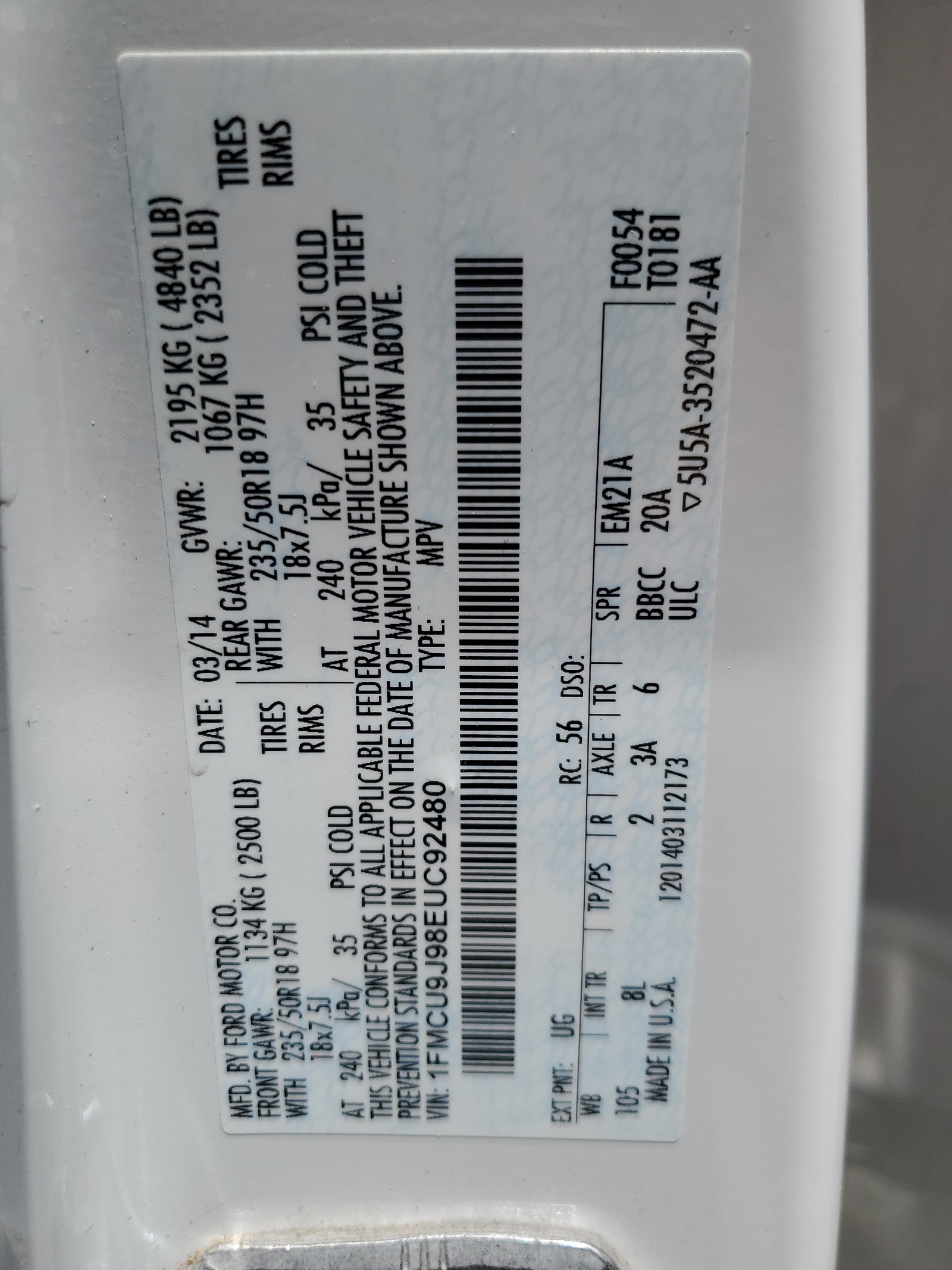 1FMCU9J98EUC92480 2014 Ford Escape Titanium