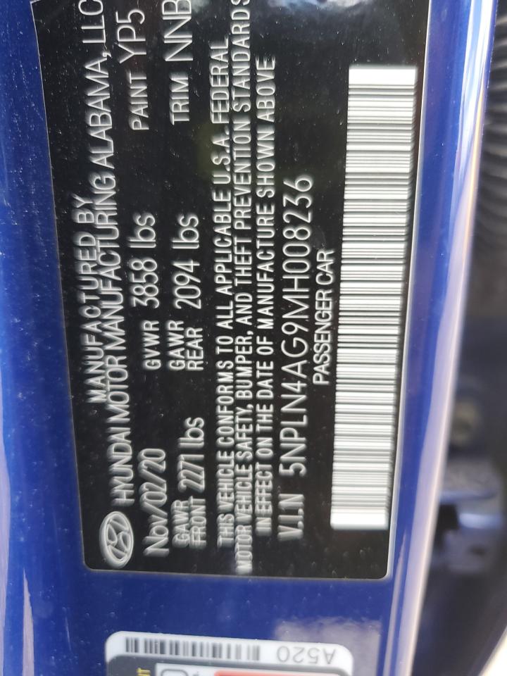 2021 Hyundai Elantra Sel VIN: 5NPLN4AG9MH008236 Lot: 60691134