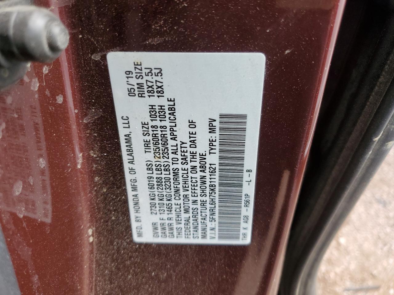 5FNRL6H75KB111621 2019 Honda Odyssey Exl