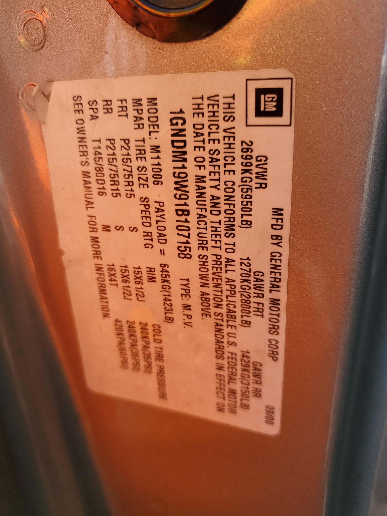 1GNDM19W91B107158 2001 Chevrolet Astro