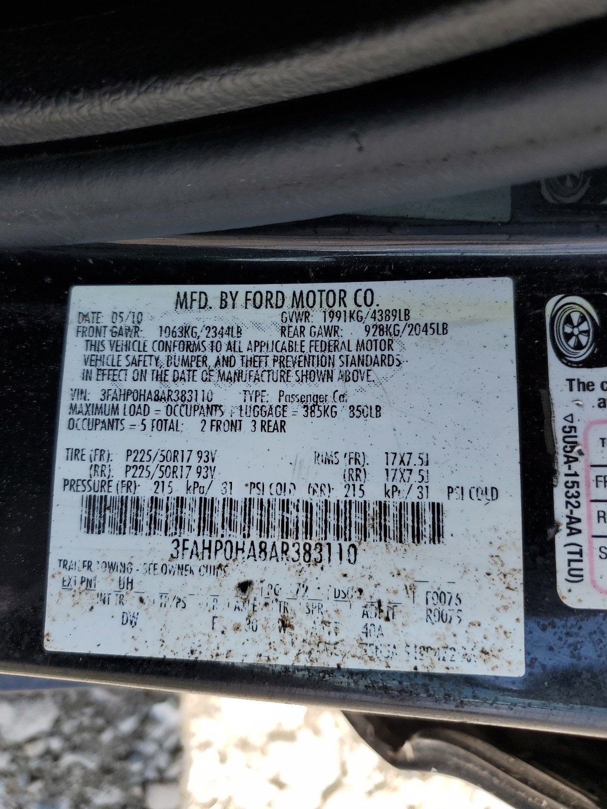 3FAHP0HA8AR383110 2010 Ford Fusion Se