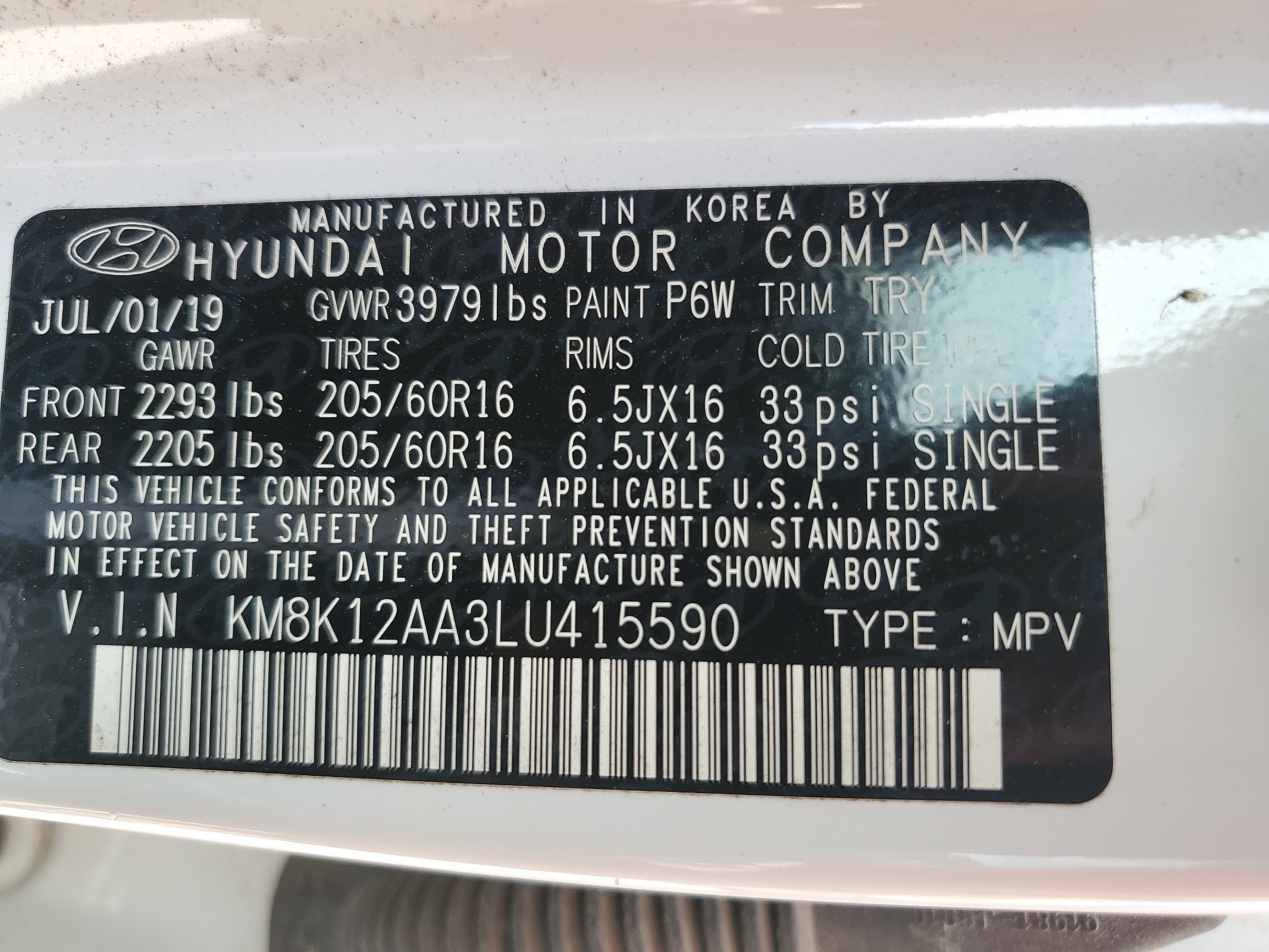 KM8K12AA3LU415590 2020 Hyundai Kona Se