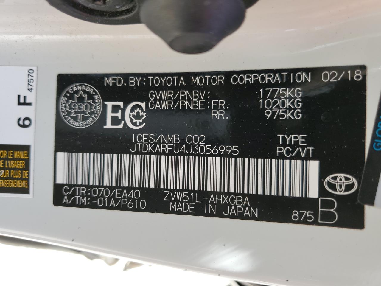 2018 Toyota Prius VIN: JTDKARFU4J3056995 Lot: 58709174