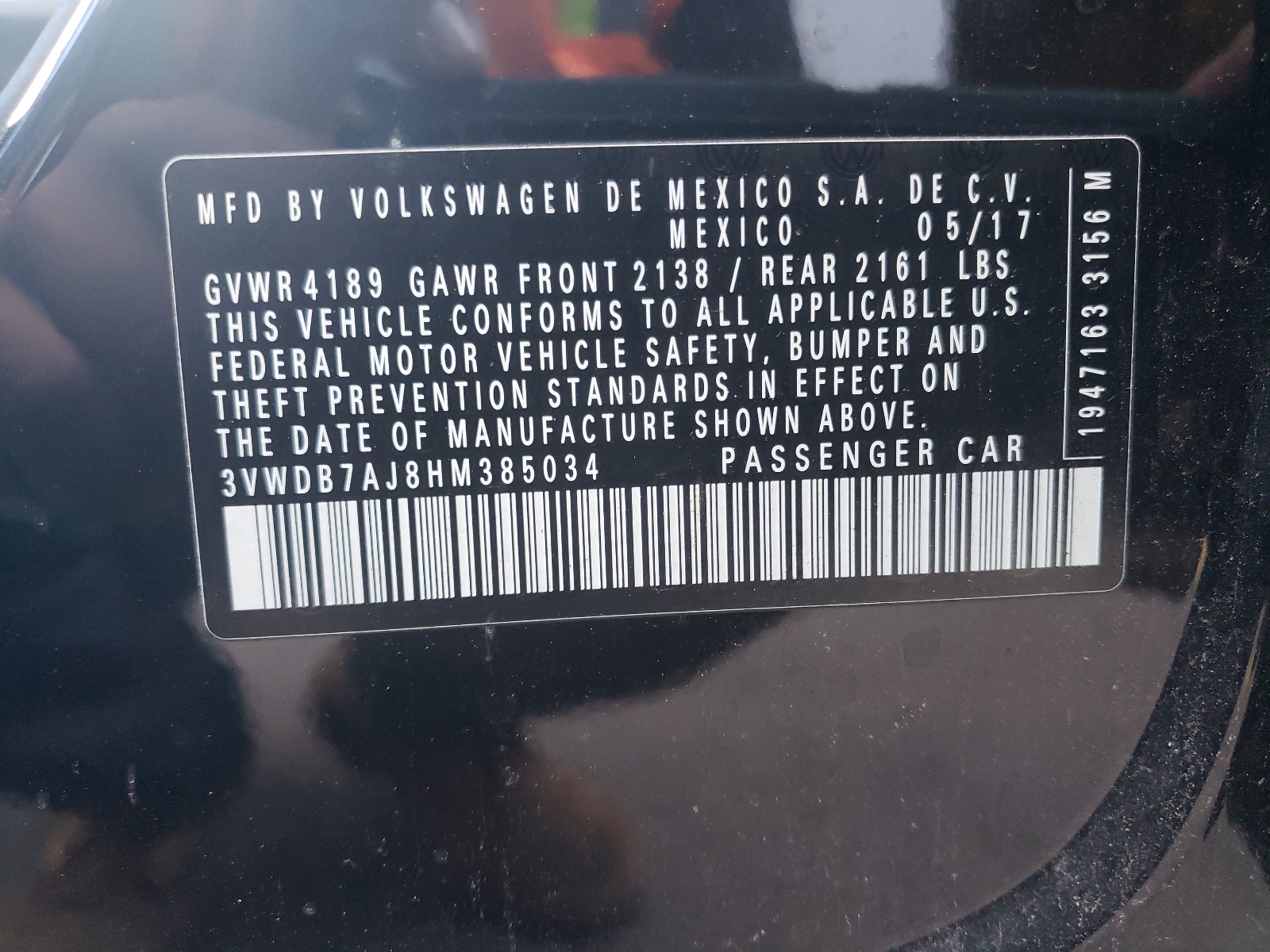 3VWDB7AJ8HM385034 2017 Volkswagen Jetta Se