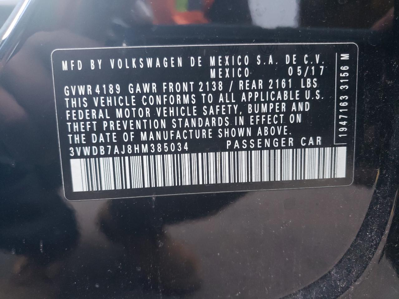 2017 Volkswagen Jetta Se VIN: 3VWDB7AJ8HM385034 Lot: 59705194