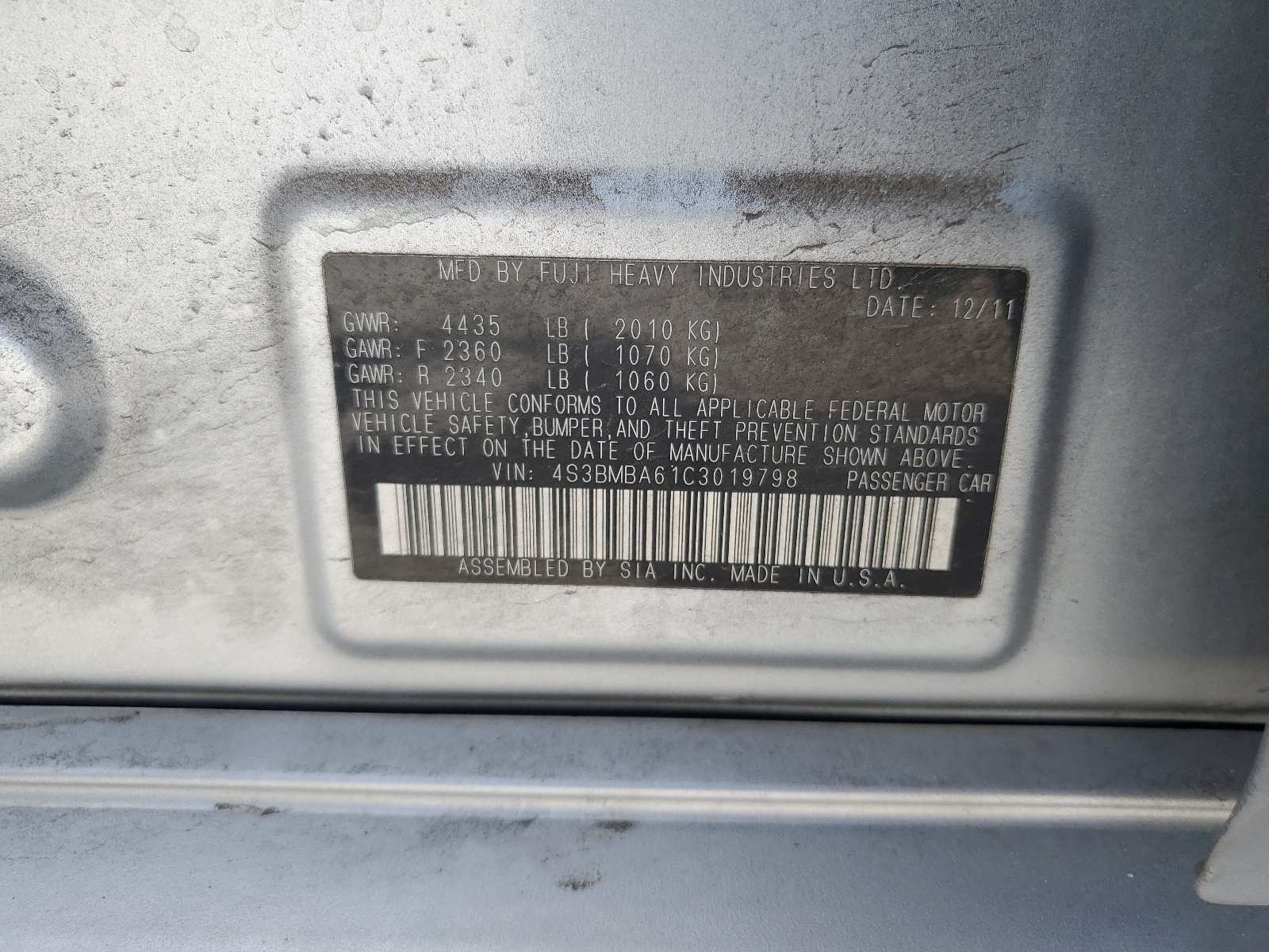 4S3BMBA61C3019798 2012 Subaru Legacy 2.5I