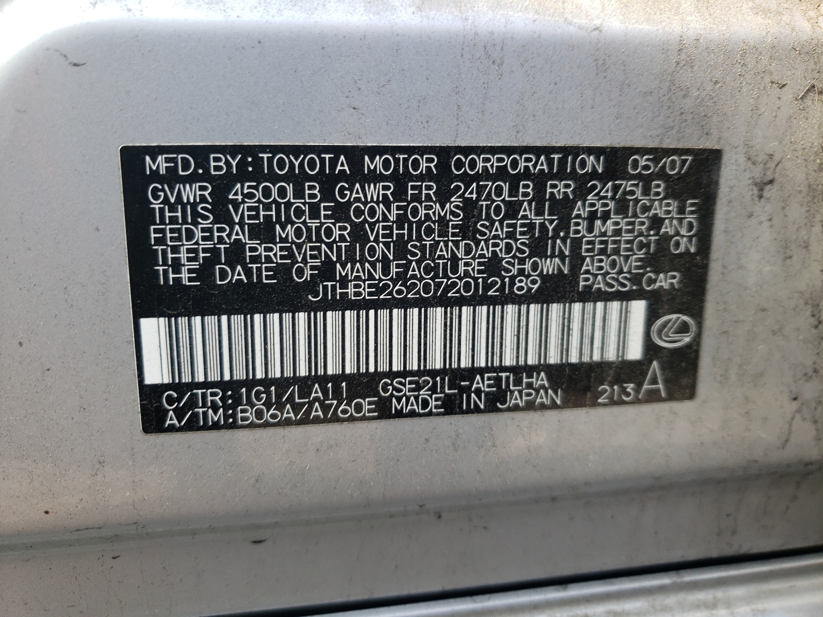 JTHBE262072012189 2007 Lexus Is 350