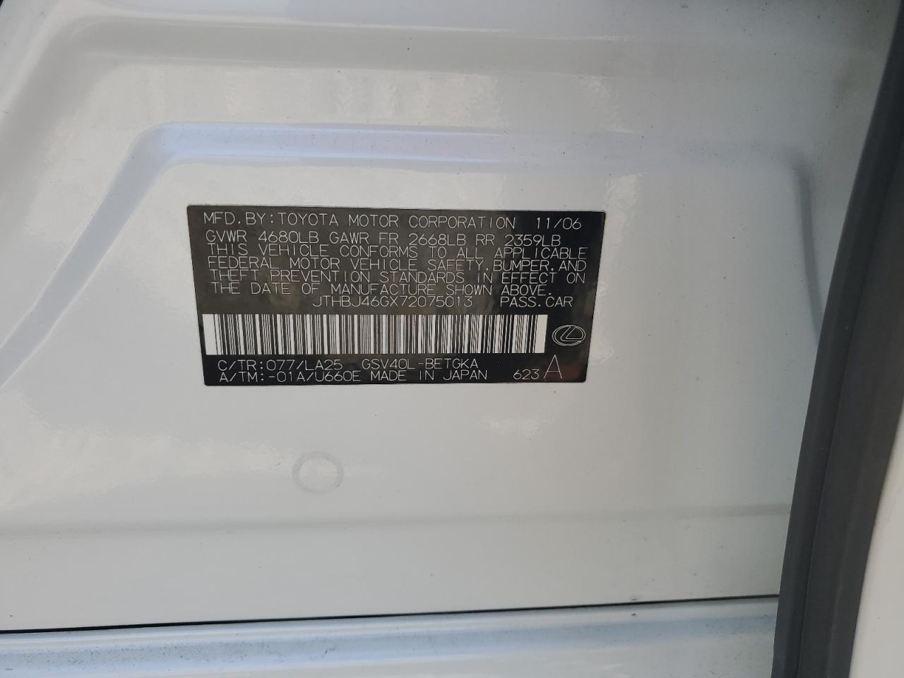 2007 Lexus Es 350 VIN: JTHBJ46GX72075013 Lot: 58286014