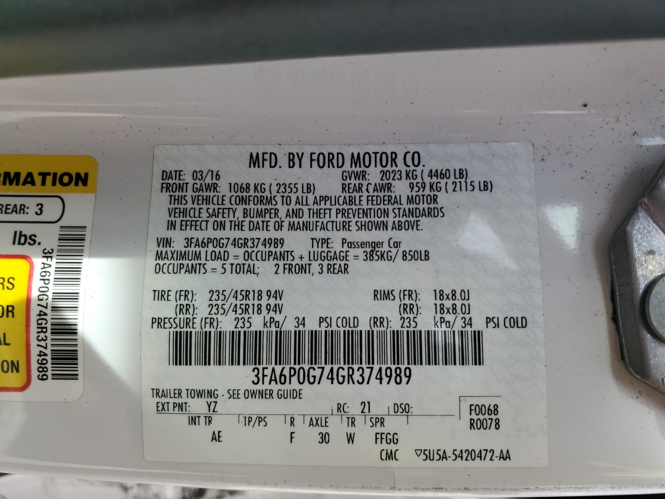 3FA6P0G74GR374989 2016 Ford Fusion S